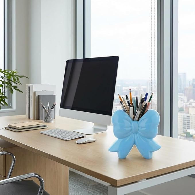 Bow Vase Coquette Ceramic Vase Pen Holder Makeup Brush Holder Contemporary Design Decorative Women Gift for Christmas Home Office Shelf Table Room(Blue,Small,Classic)
