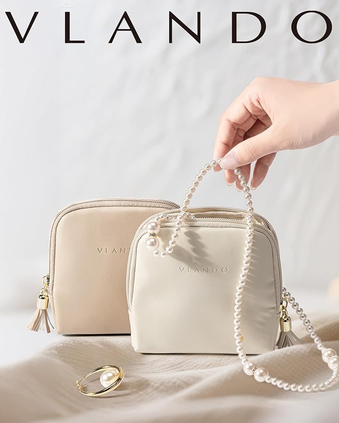 VLANDO Small Travel Jewelry Case,Wedding Gifts for Women,Jewelry Pouch Bags with Zipper,Velvet Jewelry Organizer Storage Bag for Bracelet Rings Earring-Cream White