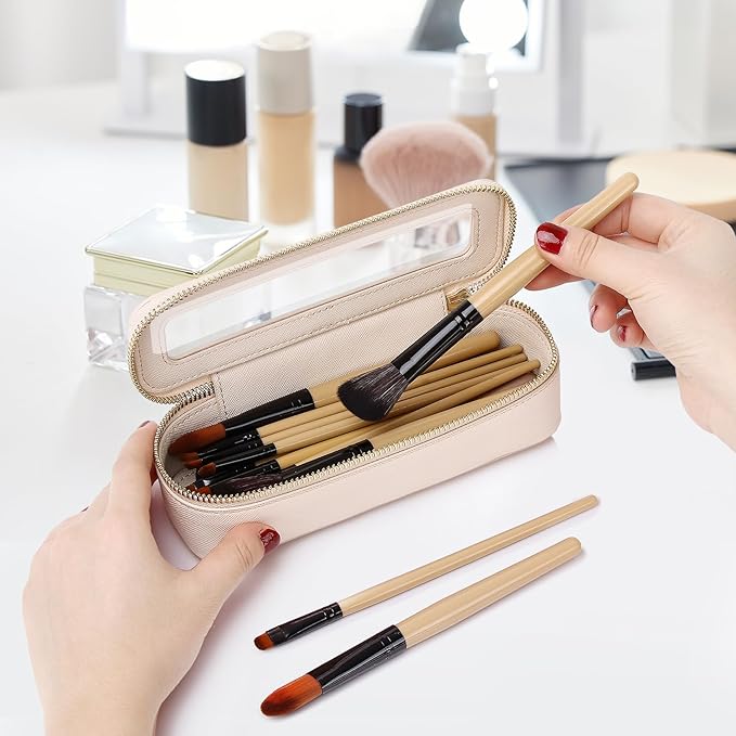 Makeup Brush Case Slim Clear Makeup Bag Travel Cosmetic Case and Waterproof Toiletry Makeup Bag with Zipper Purse Organizer for Women (Beige, Slim)