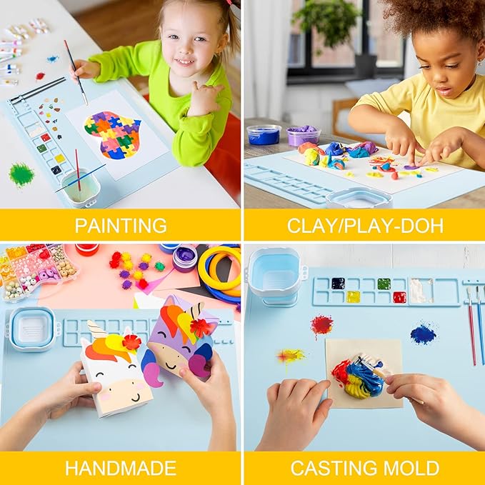 Silicone Art Mat with Cup, Painting Mat for Crafts Resin Casting, Artist Mat with Pen Holders for Kids Gift, Clay, DIY Creations and Play Doh, Christmas Gift for Kids (Blue)