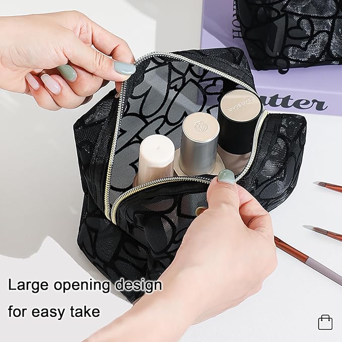 3-Piece Mesh Makeup Bag Set Flocking Heart Printed, Portable Travel Mesh Cosmetic Bags Toiletry Bags Makeup Purse Bags Five-pointed star zipper pull Storage Pouches, for Home Travel
