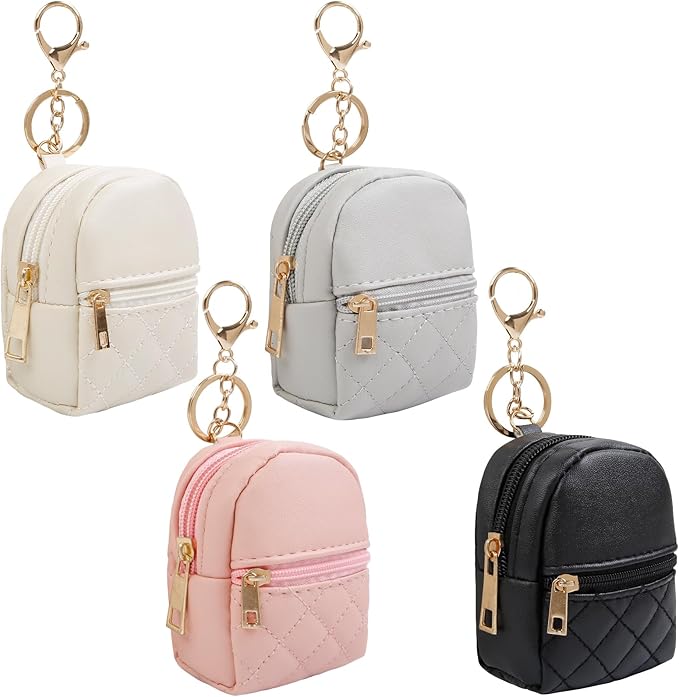 4Pcs Mini Backpack Keychain,Cute Cosmetic Bag for Women Christmas Gifts,PU Leather Makeup Bag Key Pocket Lipstick Bag Card Holder Data Cable Organizer Zipper Pouch (black beige pink gray)