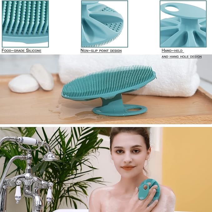 INNERNEED Food-Grade Soft Silicone Body Cleansing Brush Shower Scrubber, Gentle Exfoliating and Massage for All Kinds of Skin (Purple+Dark Green)