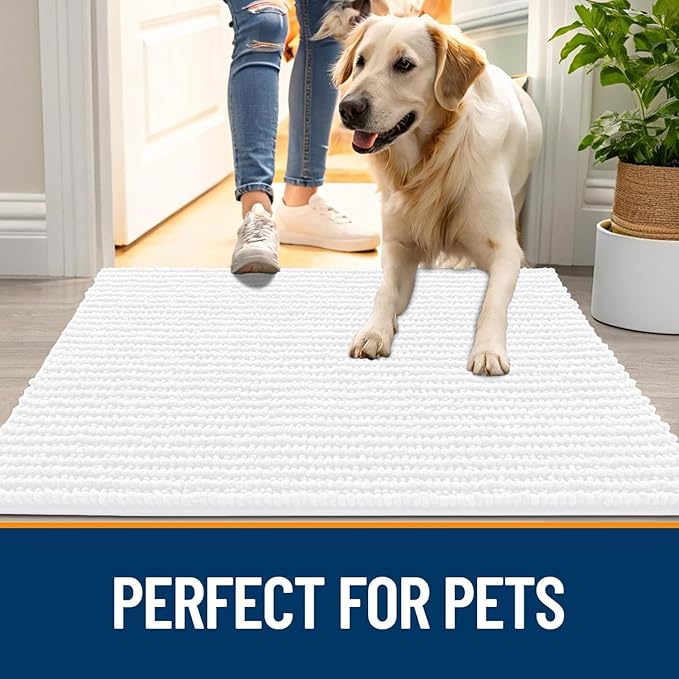 OLANLY Dog Door Mat for Muddy Paws 47x20, Ultra Absorbent Chenille Mud Doormat, Non-Slip Washable and Dirt Trapping Doormat for Indoor Entryway, Quick-Dry Indoor Pet Bed Mats for Dogs, White