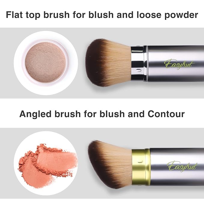 Easyhut Retractable Kabuki Makeup Brushes 2 Pcs Blush Brushes Set Portable Powder Brushes with Flat and Angled Top for Liquid Cream Cosmetics Travel, large/1.18inch(Silver Green)