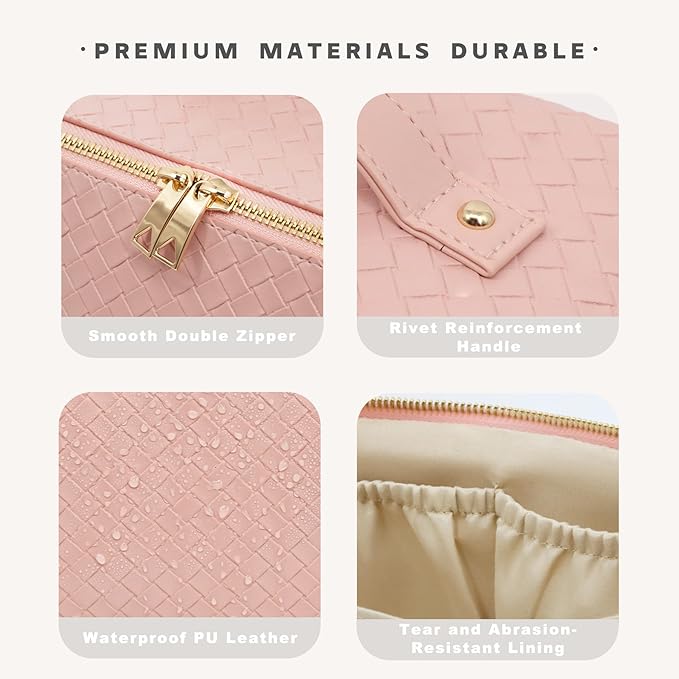 JINYIBAGS Travel Makeup Bag – Large Cosmetic Organizer with Waterproof PU Leather, Smooth Double Zipper & Tear-Resistant Lining, Toiletry Pouch for Women (Pink)