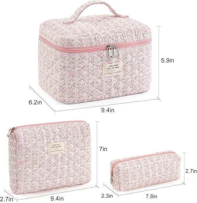 Makeup Bag for Women 3PCS Quilted Cotton Make Up Bag Travel Cosmetic Bag Large Makeup Bag Set Cute Makeups Organizer Floral Toiletry Pouch for Purse, Pink Stripe