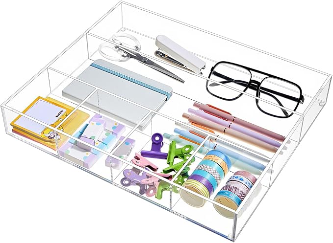 Large Acrylic Desk Deep Drawer Organizer with Adjustable Dividers, Anti-Skip Clear Desk Top Organizer Tray for Pens, Desktop, Office, Bathroom, Kitchen, Makeup Supplies(6 Compartments)