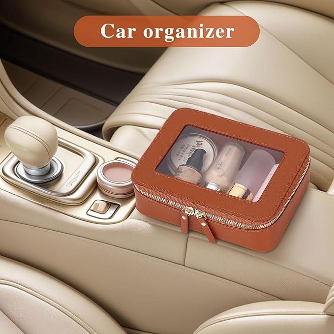 Travel Makeup Set Waterproof Transparent Cosmetic Bag and Toiletry Bag Makeup Brush case with Zipper Car Essentials for Women (Brown, L+M+SLIM)