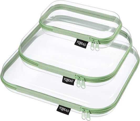 YQBRAO 3-Pack Clear Hard Shell Zipper Case Green, 1.2mm Heavy-Duty Crush-Proof Travel Makeup Bag, Multi-Size (L+M+S) Diaper Bag Organizer Pouches, Rigid Clear Zipper Pouches for Tech, Toys & Home