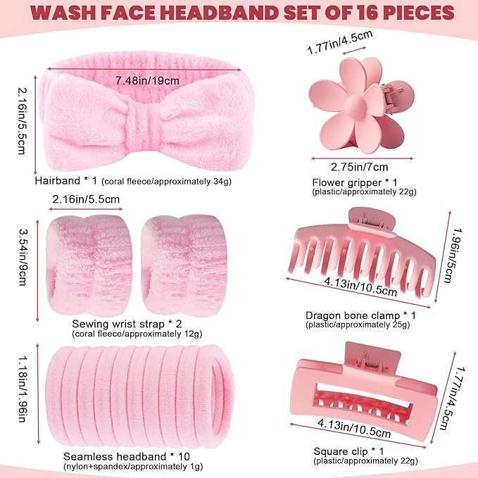 16 Pcs Skincare Headband Set, Face Washing Headband with Wristbands, Hair Claw Clips & Hair Ties, Spa Headbands for Women Girls, Perfect for Facial, Makeup, Shower, Gift Ready Box