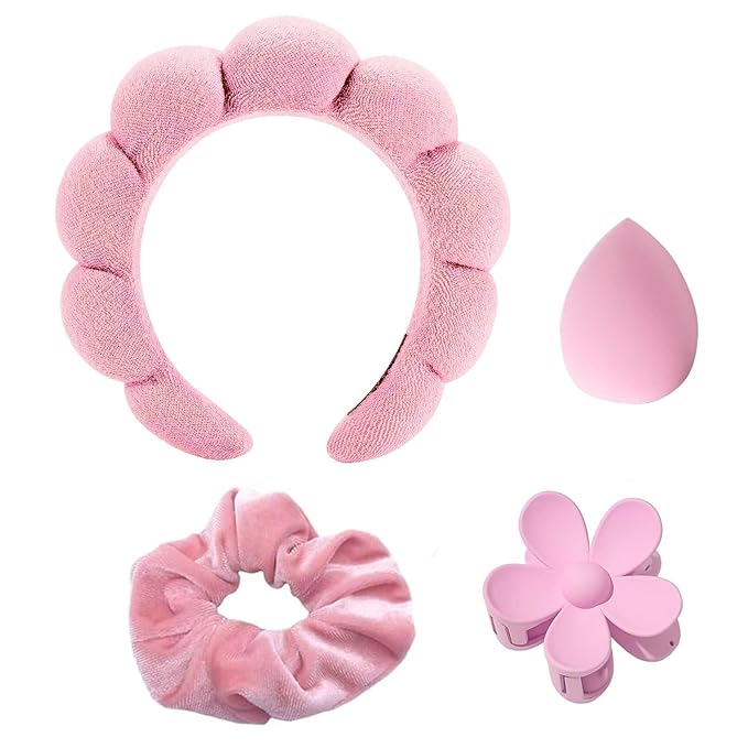 4 Pcs Skincare Headband Set, Face Washing Headband with Wristbands, Hair Claw Clips & Hair Ties, Spa Headbands for Women Girls, Perfect for Facial, Makeup, Shower, Gift Ready Box