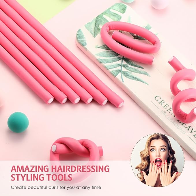 Syhood 30 Pcs 7'' Flexible Curling Rods Twist Foam Hair Rollers Soft Foam No Heat Hair Rods Rollers and 1 Steel Pintail Comb Rat Tail Comb for Women Long Short Hair(Pink,7 x 0.39 Inch)