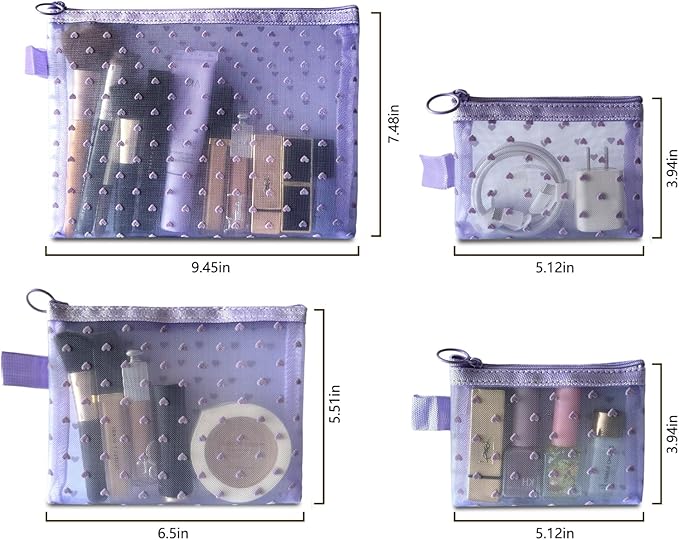 4-Piece Heart Printed Mesh Makeup Bag Set, Portable Travel Cosmetic Bags Toiletry Bags Makeup Purse Bags Zipper Storage Pouches for Home Offices Travel Accessories (Light Purple)