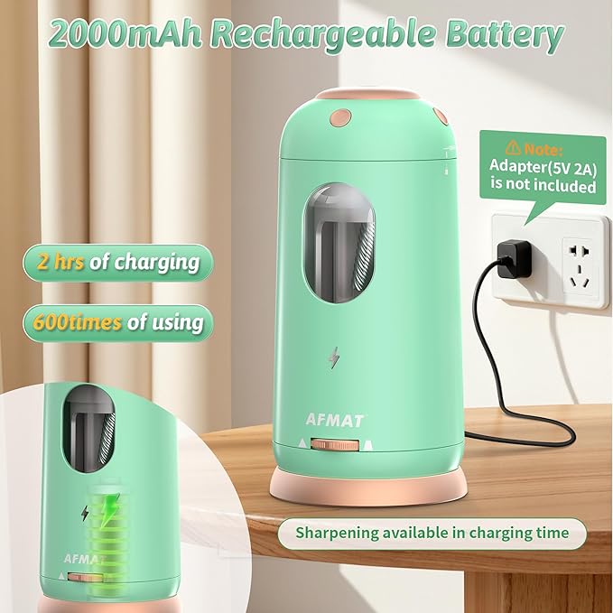 AFMAT Electric Pencil Sharpener, Auto in & Out, Fully Automatic Pencil Sharpener, Rechargeable Hands-Free Sharpeners for Jumbo & Colored Pencils (7-11.5mm), Good for Classroom/Home PSC8(Light Green)