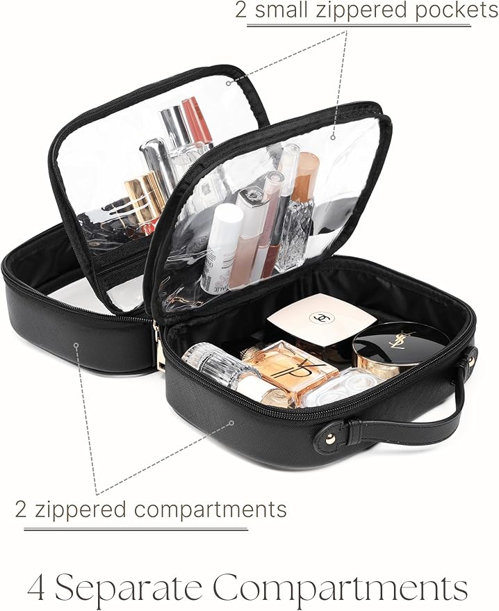 Clear Cosmetic Bag Double Layer Travel Toiletry Bag Clear Makeup Bag Case with 4 Compartments, Transparent Travel Bag for Toiletries, Large Toiletry Bag for Women Cosmetic Case (Black, Large)