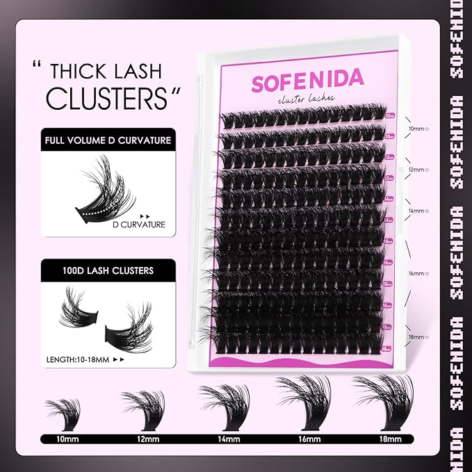SOFENIDA Lash Clusters Kit 100D Thick Cluster Lashes 10-18mm Volume Eyelash Clusters D Curvature Cluster Eyelash Extensions 3D Wispy Lash Clusters DIY Lash Extension Kit(100D-10-18MIX Thick Kit)