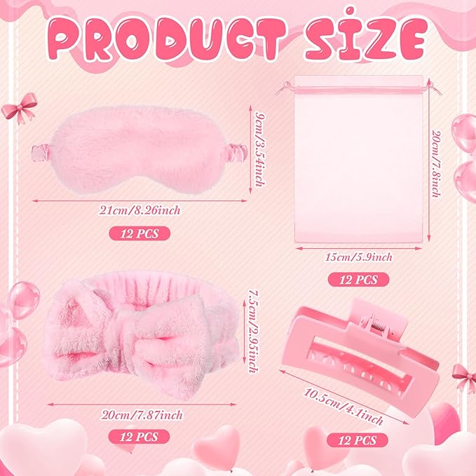 48 Pcs Galentine Spa Party Supplies Sleepover Essentials 12 Spa Headband 12 Plush Eye Mask 12 Claw Clips 12 Organza Bag for Adult Slumber Party Supplies Valentine Gift(Pink)