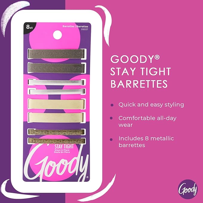 Goody Stay Tight Hair Barrettes - 8 Ct, Assorted Metallic Colors, Non-Slip Flat Hair Clips, Comfortable & Versatile Hair Accessories for Women & Men, Hair Clips for All Hair Types (Pack of 2)