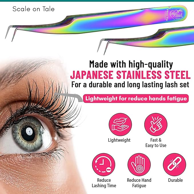 2pcs Fiber Tip Lash Tweezer Set – 90 Degree Volume Eyelash Extension Tweezers, Precision Stainless Steel, Professional Isolation Tools for Classic, Volume, Mega Volume Fans, Non Slip Grip (Rainbow)