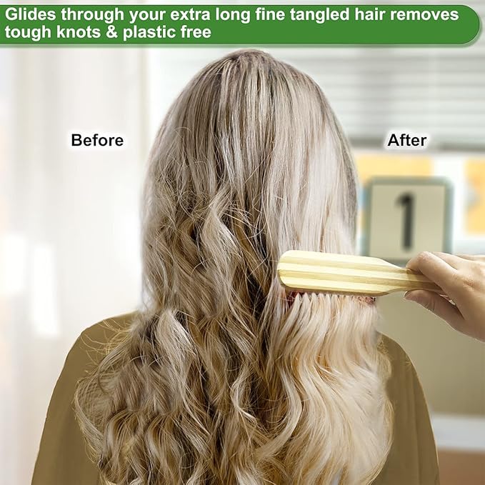 Bamboo Hair Brush with Cleaner Tool For Women Men, Bamboo Bristle Wooden Paddle Detangling Brush Helps Hair Growth, Enhance Shine & Health, Massaging Scalp - 2 Pack