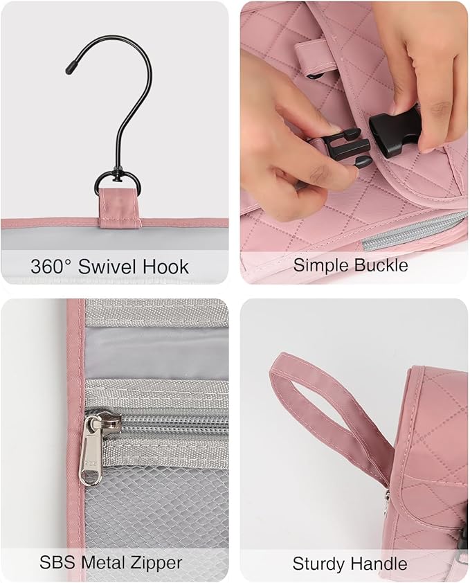 Relavel Travel Hanging Toiletry Bag, Travel Kit Shaving Bagfor Men Women, Waterproof Makeup Bag, Large Wash Bag Makeup Organizer, Toiletries Case for Bathroom Nude Pink