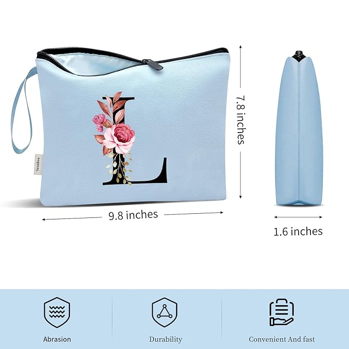 Vavabox A-Z Personalized Makeup Bag, Birthday Gifts for Women Mom, Gifts for Best Friend, Bride Bridesmaid Cosmetic bag (L, Blue)