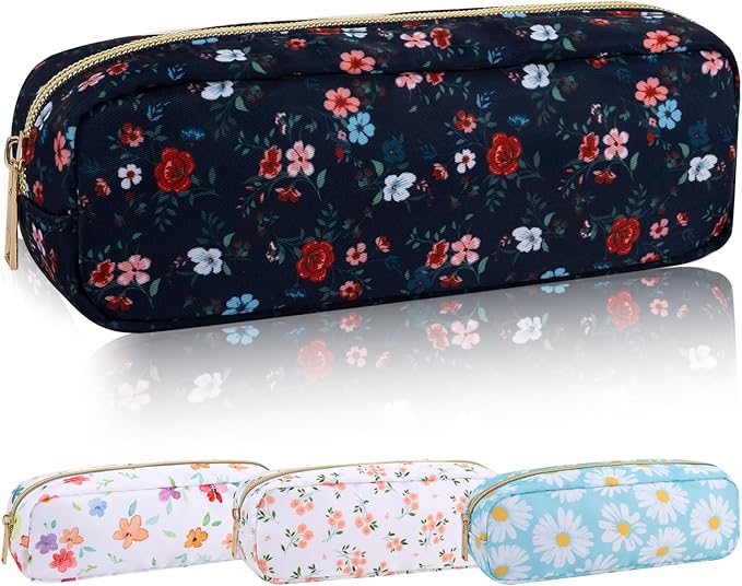 Nylon Floral Small Makeup Bag Slim Pouch, Cute Preppy Makeup Brush Bag Portable Make up Pouch with Zipper, Waterproof Travel Toiletry Bag Coin Purse Storage Organizer for Women Girls(Black Rose)