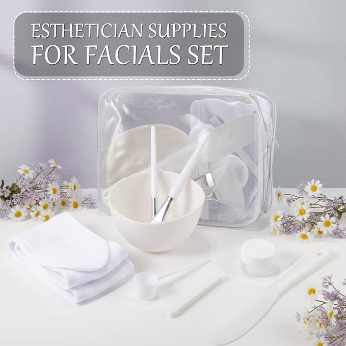 LemonRoad 34 Pcs Esthetician Facial Supplies Include Facial Bowls Brushes Jars Measuring Spoons Hairbands Esthetician Essentials Valentines Gift Set For Women(White)