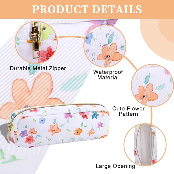 Nylon Floral Small Makeup Bag Slim Pouch, Cute Preppy Makeup Brush Bag Portable Make up Pouch with Zipper, Waterproof Travel Toiletry Bag Coin Purse Storage Organizer for Women Girls(Fringed Iris)