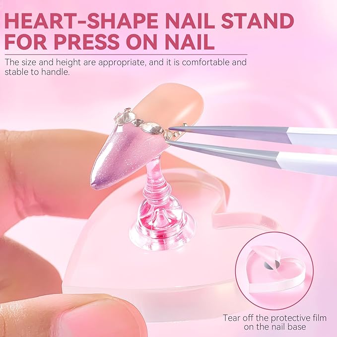 Nail Stand For Press On Acrylic Strong Magnetic Nail Holder Kit For Painting Nails Tip Arts Display With 200PCS Double-Sided Tape And 1 Heart Shaped Acrylic Magnetic Presson Stand (Clear And Pink, Medium)