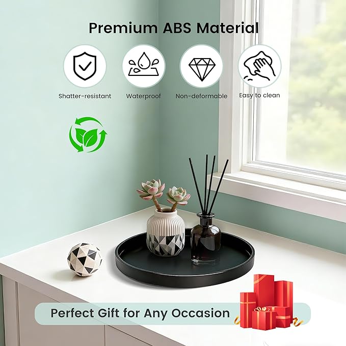 1 Pack 9" Bathroom and Vanity Tray, ABS Bathroom Counter Organizer， Coffee Table Decor for Perfume, Candles, Keys &More. Kitchen Countertop Organizer, Decorative Tray Soap Holder, Black