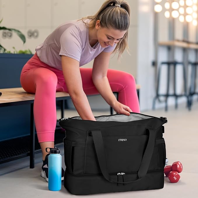 ETRONIK Gym Bag for Women, 45L Carry On Travel Duffel Bag with Shoes Compartment, Weekender Overnight Bag with Wet Pocket & USB Charging Port for Women, Travel, Gym, Weekend, Large Size (Beige)
