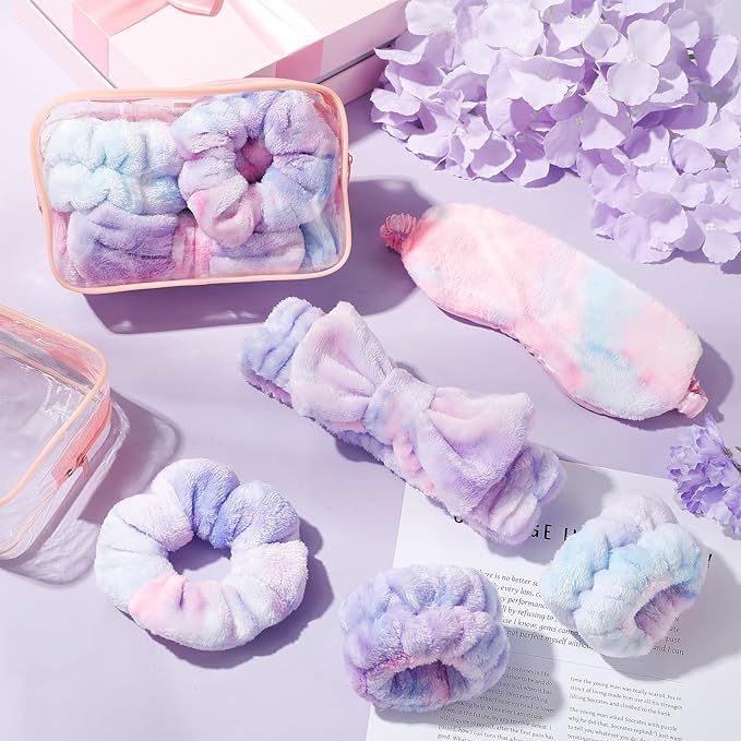 Hoteam 10 Pcs Galentine Spa Party Supplies Valentine Gift Set Sleepover Party Favor Spa Headband Wristband Sleep Eye Mask Velvet Scrunchies for Skin Care Makeup Slumber Night Favor(Tie Dye)