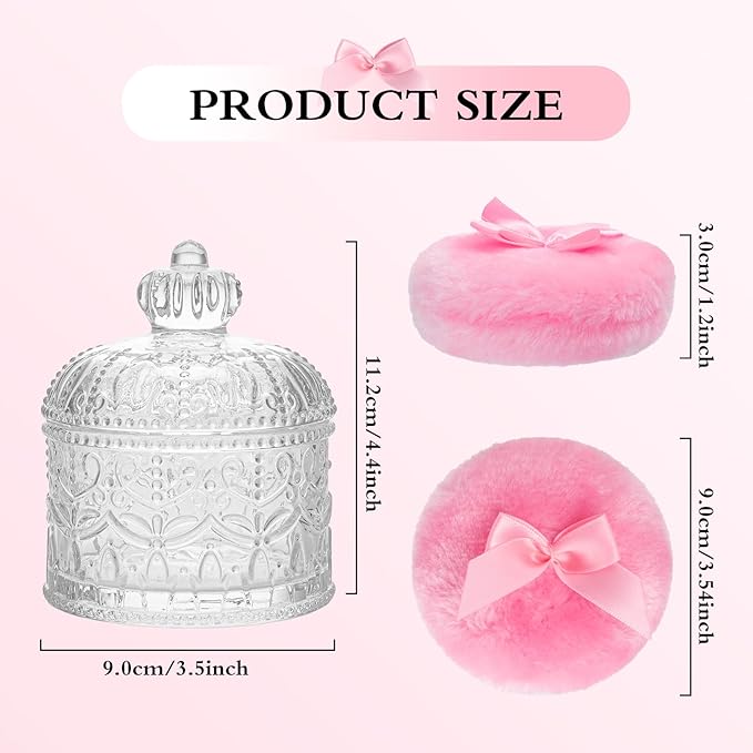 2 Pcs Large Body Powder Puff and Container, Powder Container with Puff, Dusting Powder Puff Crystal Case, Body Powder for Women Soft Washable Reusable Velour Face Body Glitter Wet Dry Makeup(Crown)