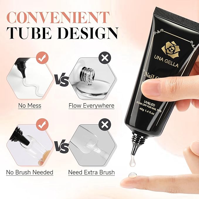 UNA GELLA Gel Nail Glue, Solid Nails Gl ue Gel 40g Lamp Curing Needed Soak Off G LUE Strong Nail G LUE G el for Acrylic Fake Nails Tips Extension Press On Nails for Gelly Tips