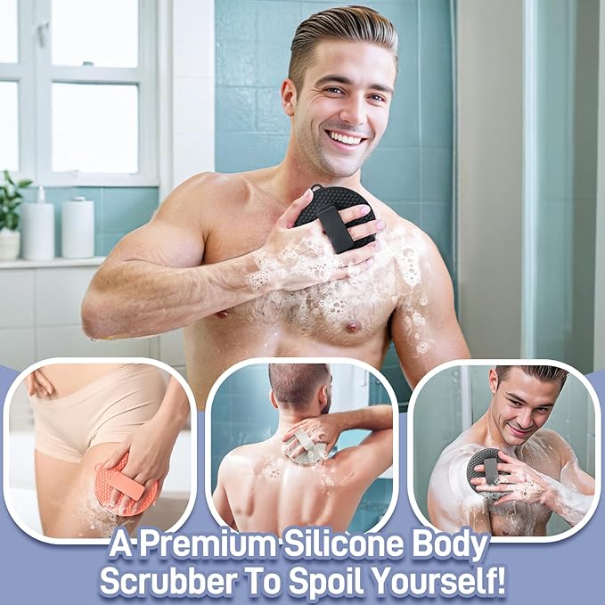 Silicone Body Scrubber for Shower, Hygienic Silicone Loofah with Waved Bristles and Non-Slip Handle, Durable Body Buffer Shower Scrubber for Gentle Exfoliating & Lathering(Black)