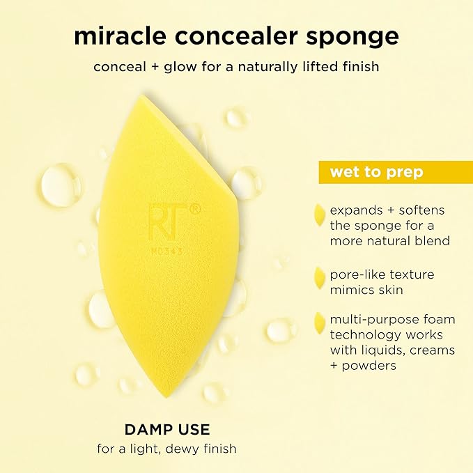 Real Techniques Miracle Concealer Sponge, Makeup Blending Sponge For Liquid & Cream Concealer, Elongated Shape For Precise Application Under Eyes & Tight Areas, Yellow, Latex-Free Foam, 1 Count