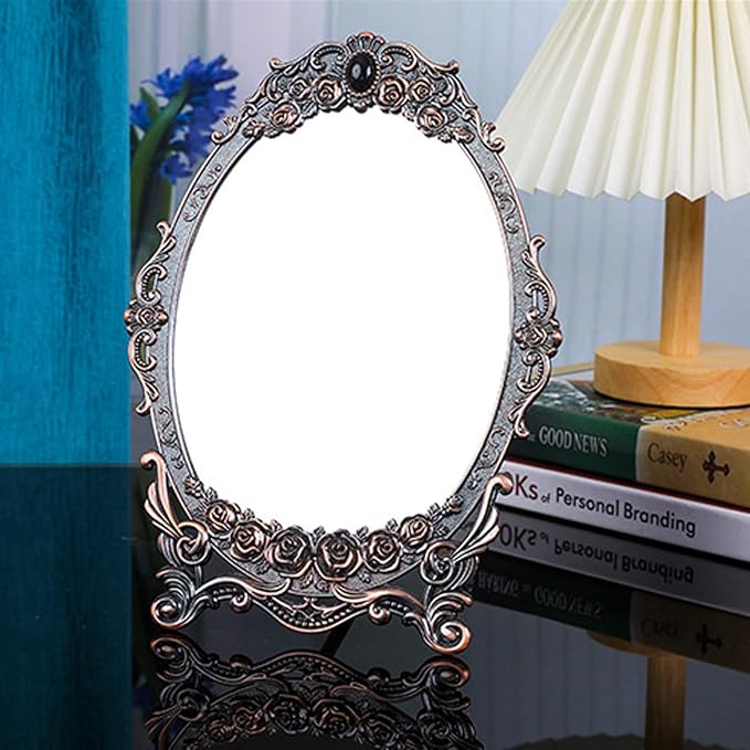 Cyrank Vintage Makeup Mirror, Oval Floral Mirror Decorative Tabletop Makeup Metal Vintage Cosmetic for Home Decorative(Red Bronze)