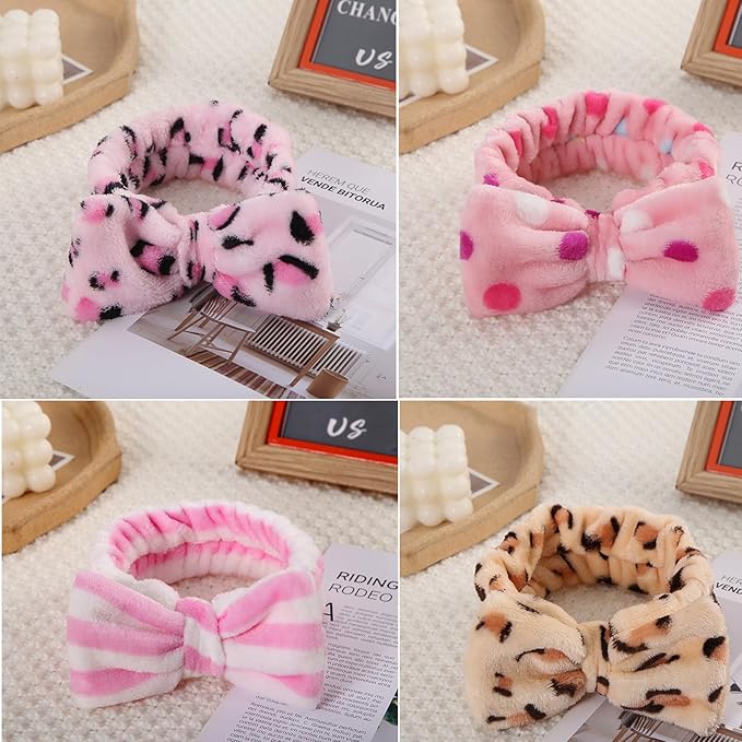 12pcs Spa Headband Soft Bowknot Spa Hair Band Coral Fleece Headband Makeup Headbands for Face Washing Skin Care Shower Yoga Headwraps for Women Girls (Pattern E)