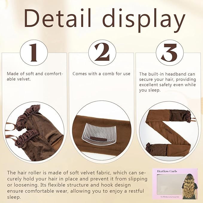 Curling Tie New Hair Curlers to Sleep in, Heatless Curls Overnight Headband, Soft Ribbon Wrap for Long Hair, Perfect Natural Curls Bouncy Curly Hairstyle Hair Suitable for All Hairs Types(Brown)