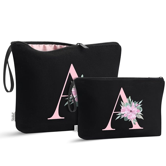 Vavabox A-Z Personalized Makeup Bag, Birthday Gifts for Women Mom, Gifts for Best Friend, Bride Bridesmaid Cosmetic bag (A, 04-Black Set)