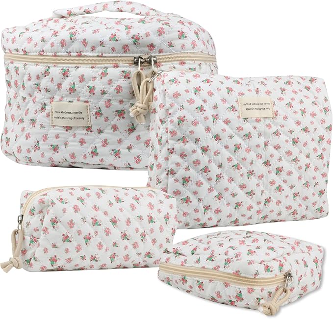 VIWIME Makeup Cosmetic Bag, Large Cotton Quilted Travel Coquette Aesthetic Cute Floral Make up Bag for Women Toiletry Bag Organizer (202- Red Rose / 4Pcs)