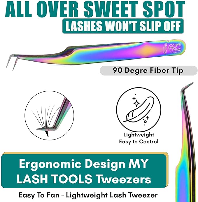 2pcs Fiber Tip Lash Tweezer Set – 90 Degree Volume Eyelash Extension Tweezers, Precision Stainless Steel, Professional Isolation Tools for Classic, Volume, Mega Volume Fans, Non Slip Grip (Rainbow)