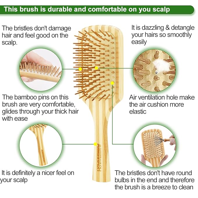Bamboo Hair Brush with Cleaner Tool for Women Men Thick Curly Hair, Bamboo Bristle Large Wood Paddle Detangling Brush Helps Hair Growth, Enhance Shine & Health, Massaging Scalp - 2 Pack