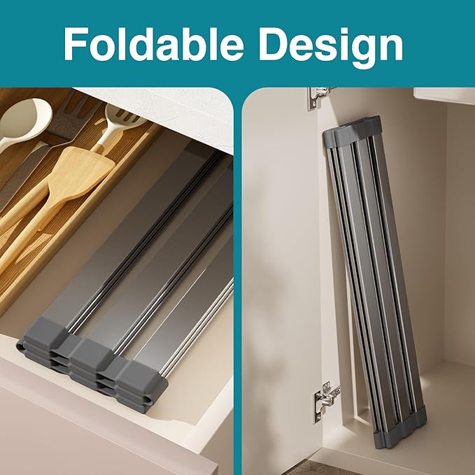 Aluminum Roll Up Dish Drying Rack Over The Sink, 17.7" x 13.4" Rust-Proof Foldable Dish Drainer Mat, Heat Resistant Trivet & Kitchen Sink Cover, Fits Sinks up to 16.8" Wide, Matte Gray