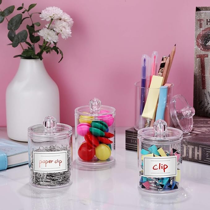 4 Pack Acrylic Qtip Holder Dispenser for Cotton Swabs, Balls, Pads, Floss Picks- Small Clear Acrylic Canister Apothecary Jar Set, Bathroom Essentials Accessories Decor, Vanity Makeup Storage Organizer