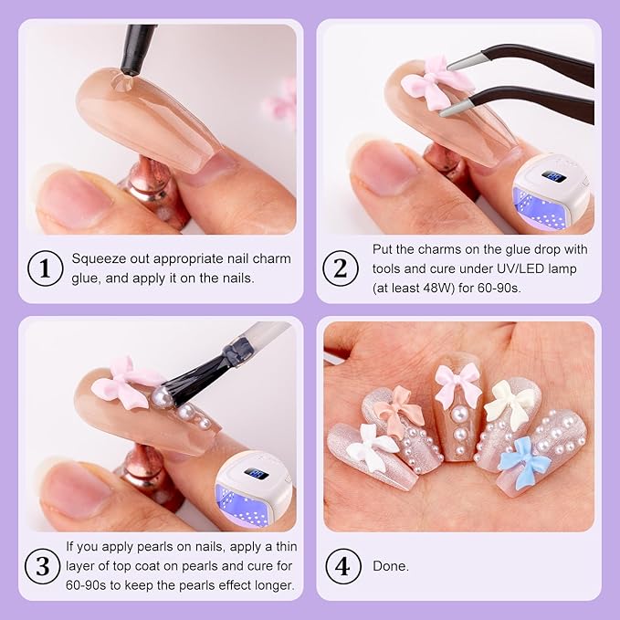 120 Pcs 3D Nail Bow Charms + 2-4mm Nail Pearls Set 1, 6 Colors Cute Bow Charms and White Flatback Pearls with Nail Charm Glue Gel(UV Needed) and Pickup Tools for Nail Art Decoration