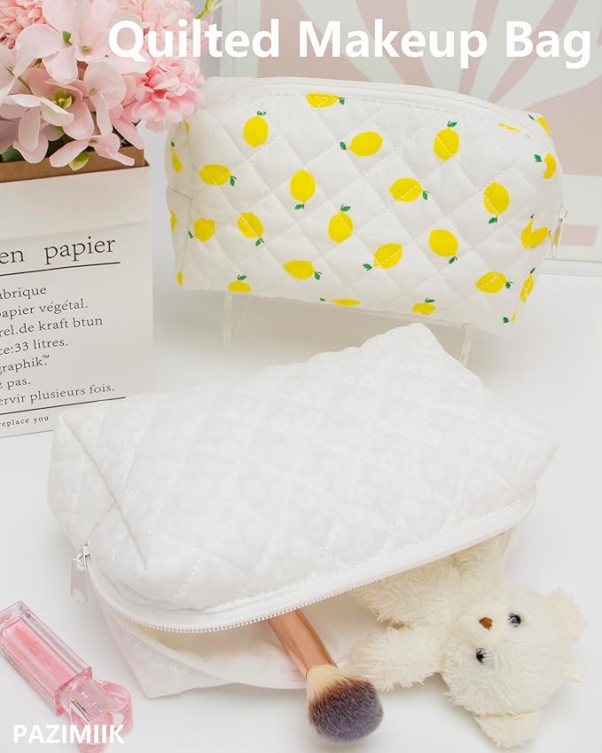 PAZIMIIK Vintage Quilted Makeup Bag Cosmetic Pouch for Brushes Pencils and Travel Make Up Accessories for Women and Girls White