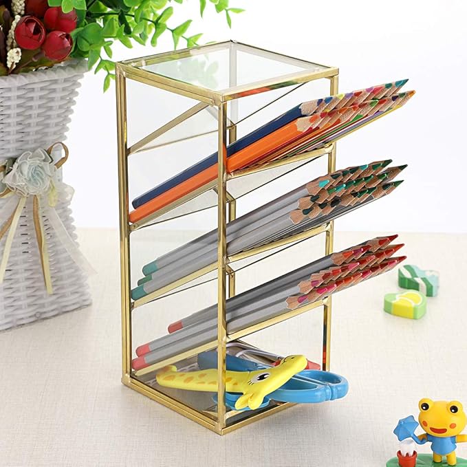 Hipiwe Vintage Gold Metal Desk Organizer - Glass Make up Brushes lipstick Holder Dresser Organizer Pen Pencil Storage Holder for Home Office Supplies (4 Compartment)